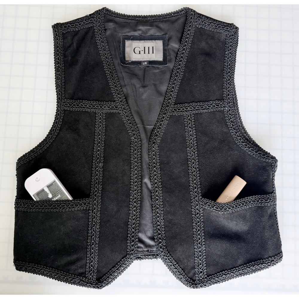 90s Vintage Black Suede Vest Braided Detail Western Festival Style with POCKETS